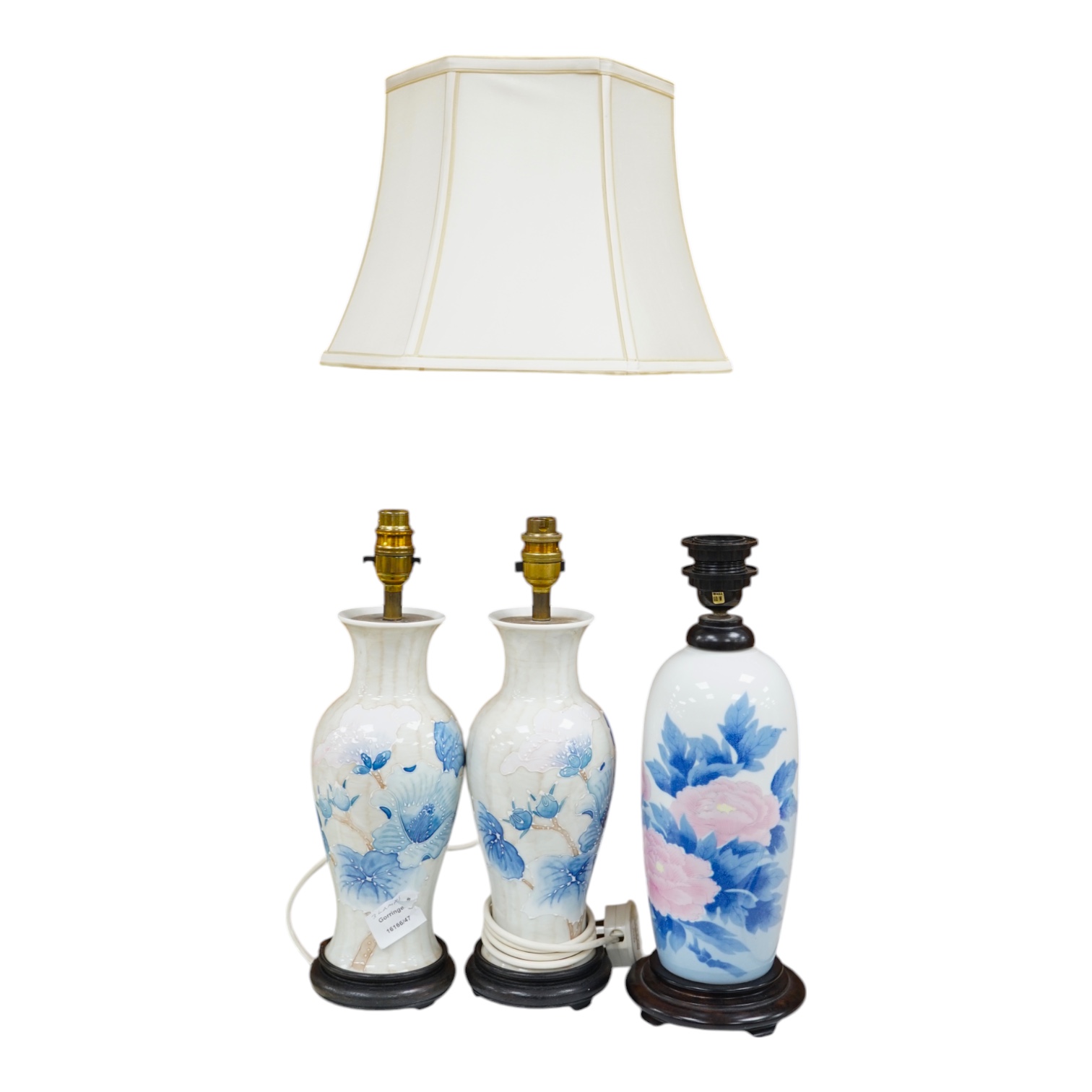 A pair of modern porcelain table lamps, and one other, one with shade (3). Condition - good, not tested